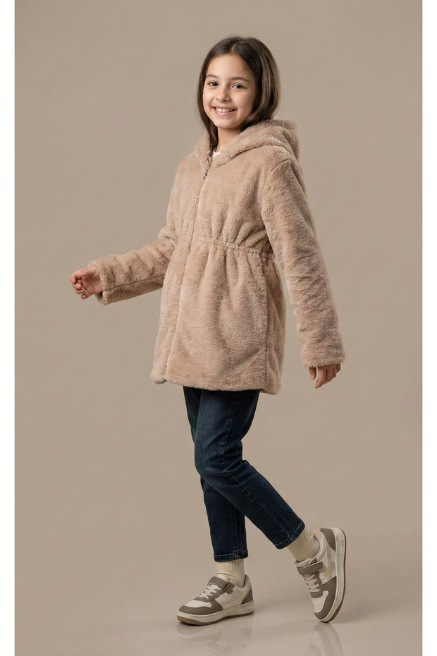 Girl's Plush Coat with Elastic Waist and Hooded Linings