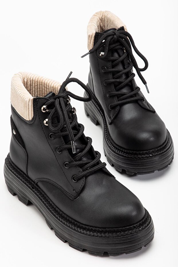 Women's Black Leather Cat Lace Detailed Boots