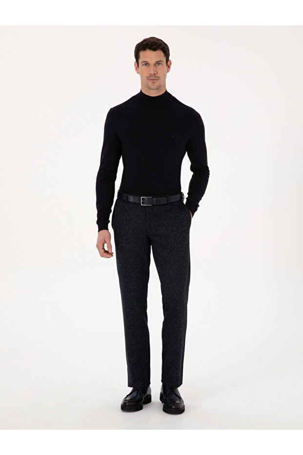 Navy Blue Slim Fit Wool Blended Fabric Trousers 50273665-Vr033