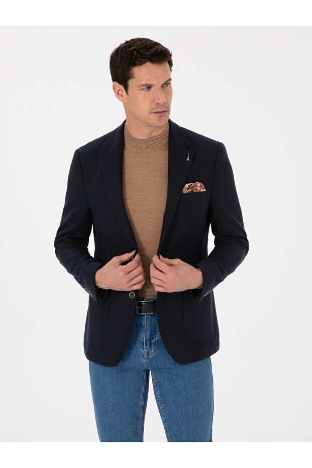 Navy Blue Slim Fit Wool Blended Sports Jacket 50270156-Vr033