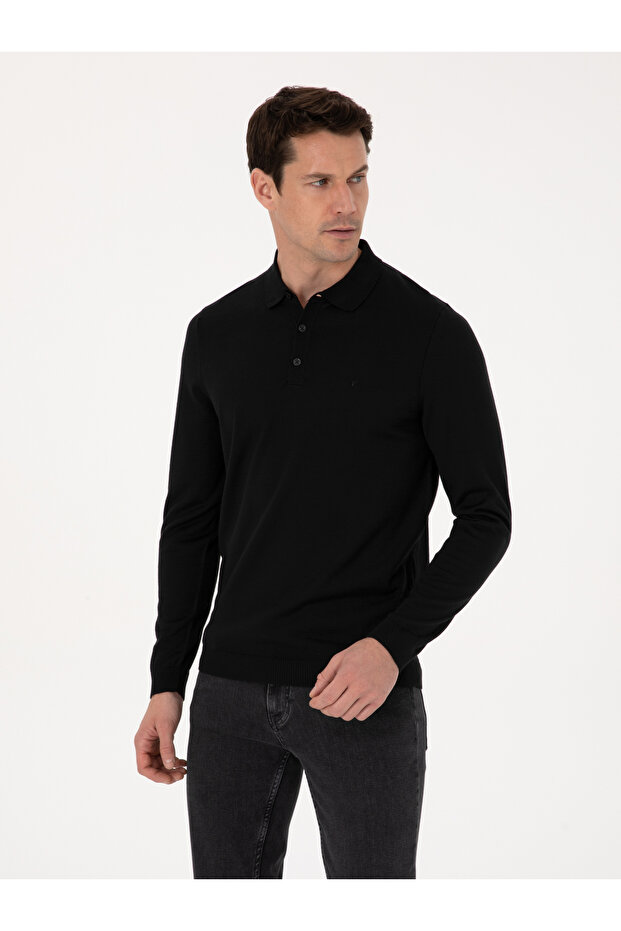 Siyah Regular Fit Yün Karışımlı Polo Yaka Basic Triko Kazak 50318855-VR046 - 3