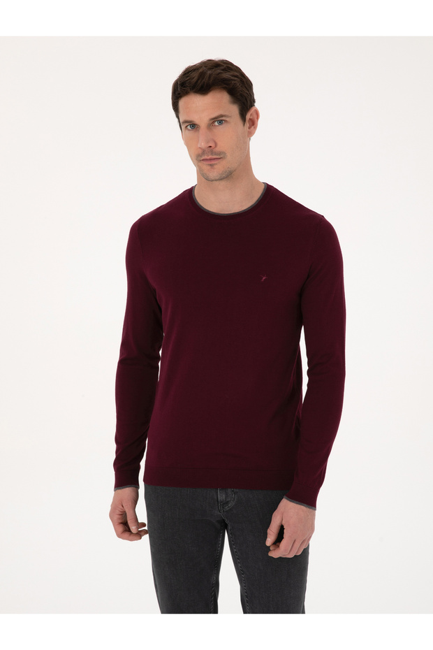 Claret Red Slim Fit Cotton Blend Crew Neck Sweater 50318676-Vr014