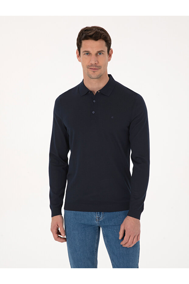 Lacivert Regular Fit Yün Karışımlı Polo Yaka Basic Triko Kazak 50318855-VR033 - 1