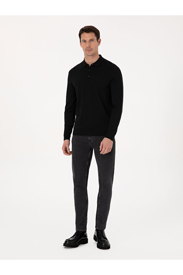 Siyah Regular Fit Yün Karışımlı Polo Yaka Basic Triko Kazak 50318855-VR046 - 4