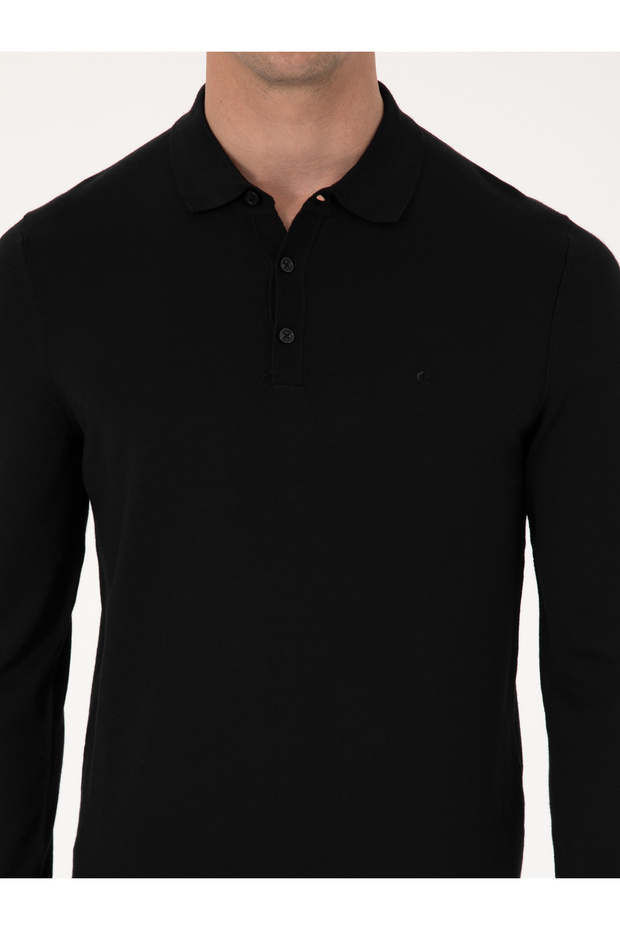 Siyah Regular Fit Yün Karışımlı Polo Yaka Basic Triko Kazak 50318855-VR046 - 6