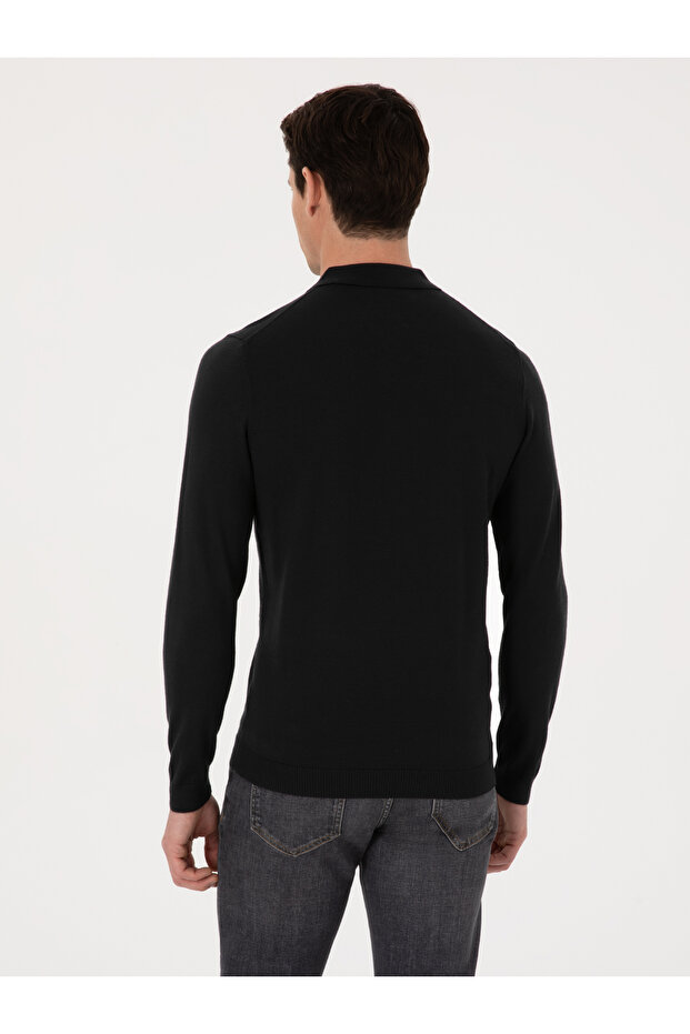 Siyah Regular Fit Yün Karışımlı Fermuarlı Polo Yaka Basic Triko Kazak 50318901-VR046 - 5