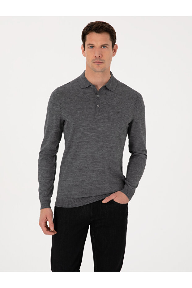 Füme Regular Fit Yün Karışımlı Polo Yaka Basic Triko Kazak 50318855-VR058 - 1