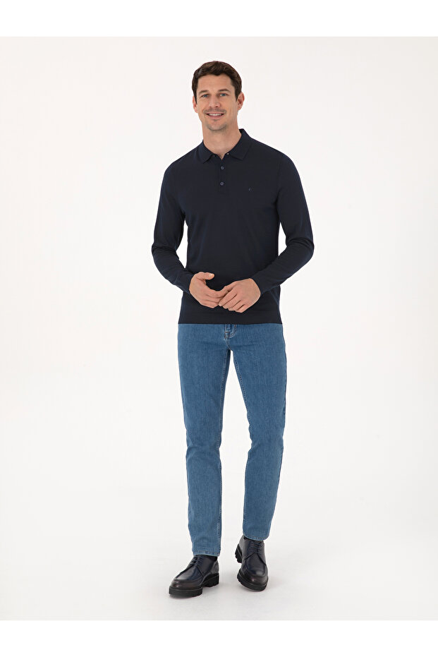 Lacivert Regular Fit Yün Karışımlı Polo Yaka Basic Triko Kazak 50318855-VR033 - 4