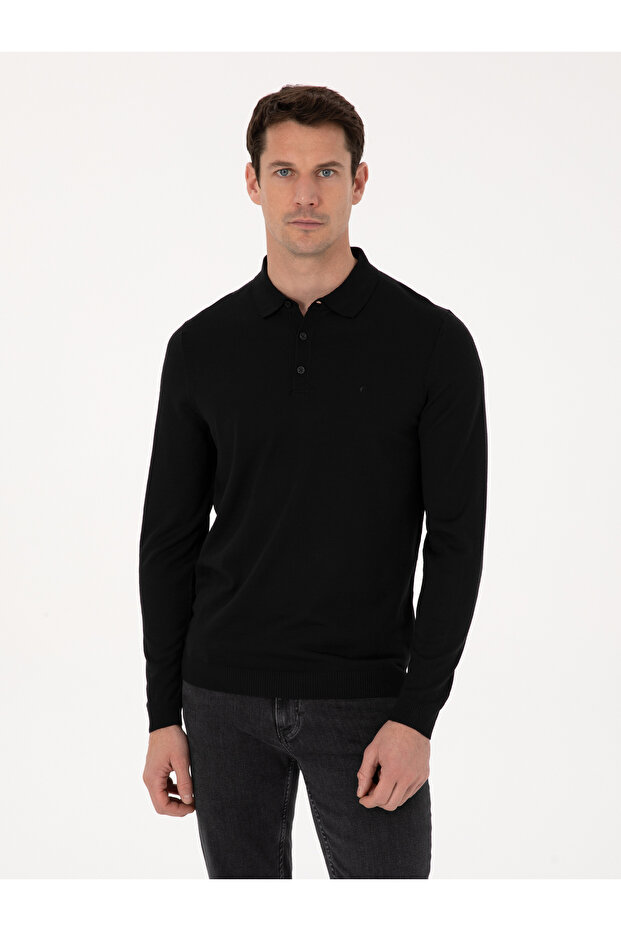 Siyah Regular Fit Yün Karışımlı Polo Yaka Basic Triko Kazak 50318855-VR046 - 1