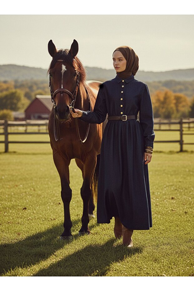 Balloon Skirt Belted Denim Hijab Dress - Dark Navy Blue -