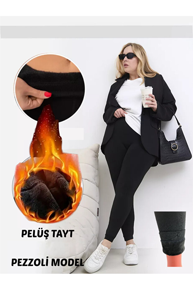 Pezzoli Model Plush Sock Tights with Fleece Inside, Body-Hugging, Single-Stitched Daily Tights, Black Color