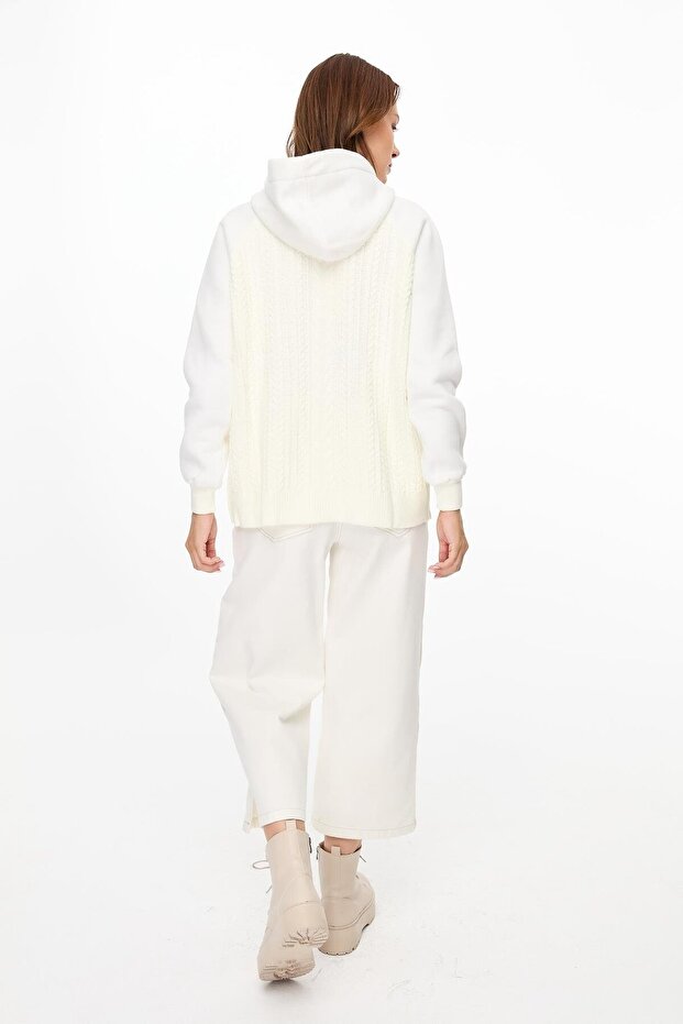 Kapüşonlu Örme Desenli Triko Bluz-EKRU - 8