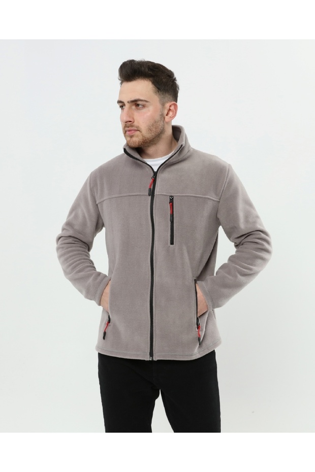 Unisex Light Gray Bato Collar Full Zip 3 Pocket Outdoor Fleece Jacket