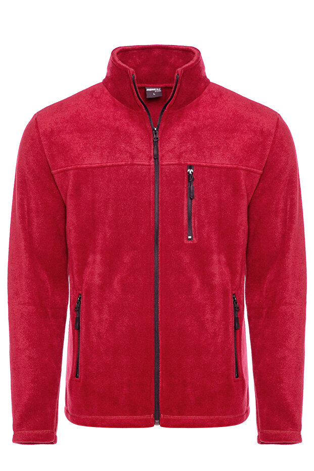 Unisex Red Bato Collar Full Zippered 3 Pocket Outdoor Fleece Jacket