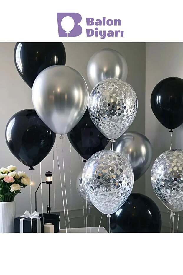 BALON DİYARI 5 Parça Siyah, Gümüş ve Şeffaf Balon Seti – Doğum Günü ve Parti Dekoru 🎈