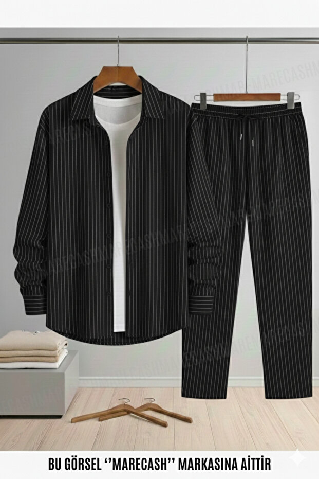 Striped Crepe Long Sleeve Shirt Pants Set Casual Stretch Fabric Fabric Regular Fit