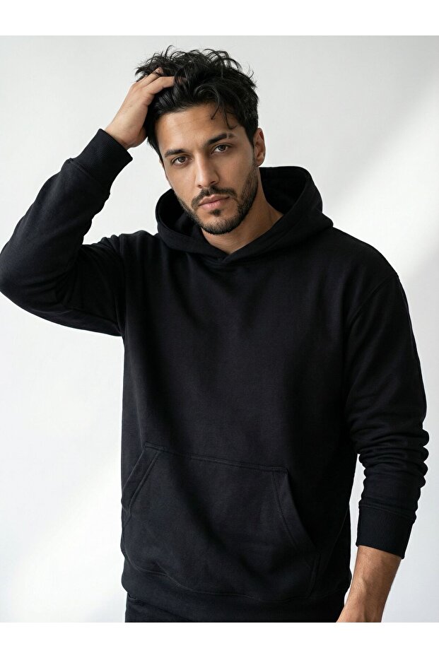 Oversized Hoodie |   Blackout (Unisex Cotton Soft Textured Wide Cut Black Hooded Sweatshirt)