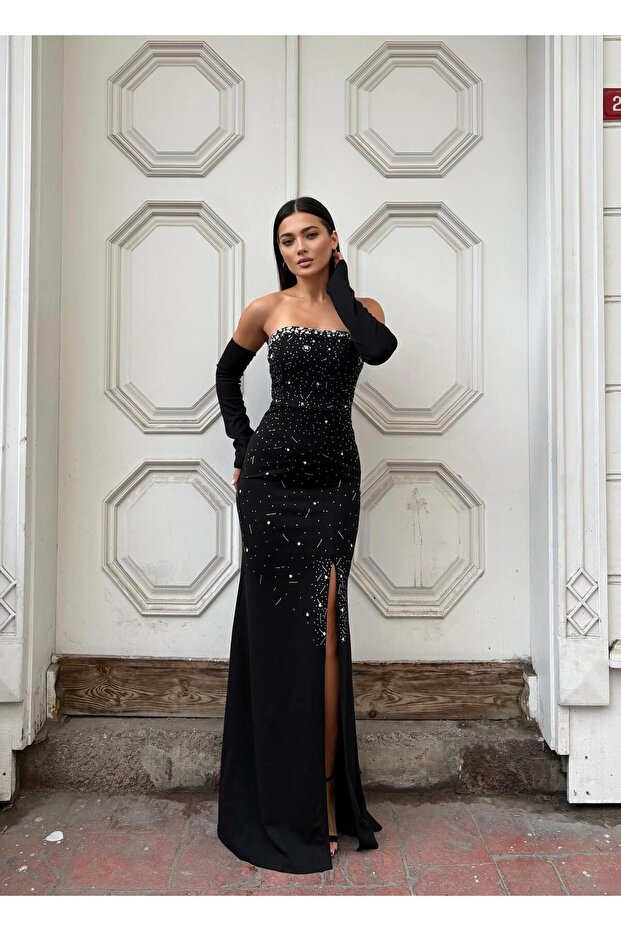 Strapless Stone Design Slit Mermaid Evening Dress 583337 BLACK