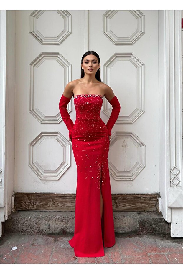 Strapless Stone Design Slit Mermaid Evening Dress 583337 RED