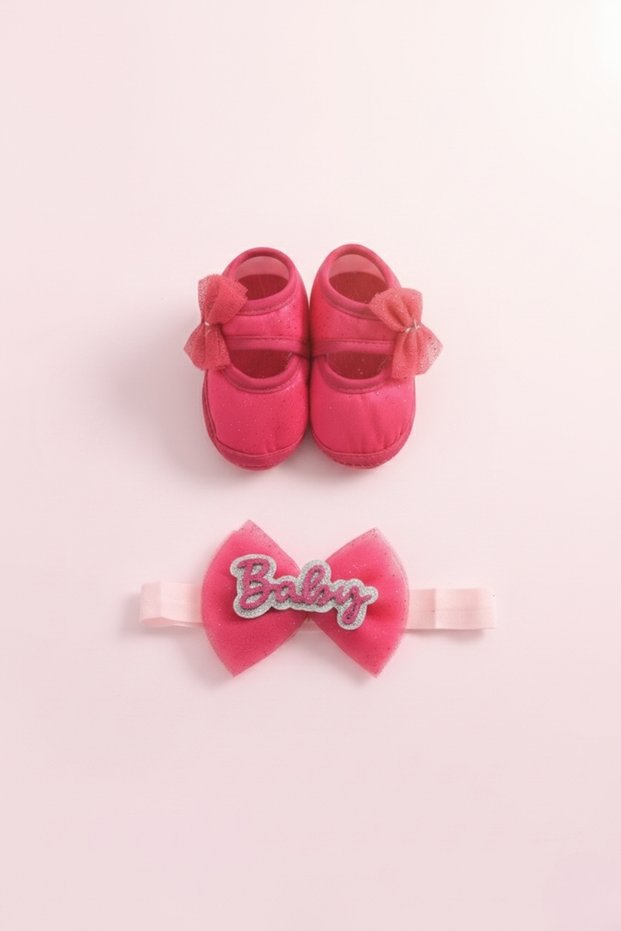 0-3 Months Newborn Glitter Lace Fuchsia Baby Bandana Booties Set