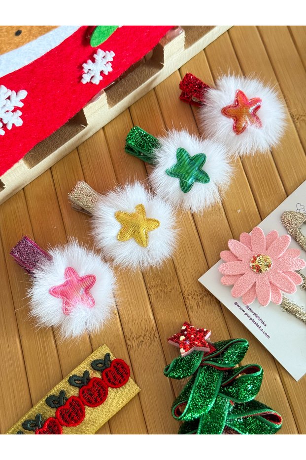Shiny Star and Fur Pompom Detailed Glittery 4-Piece Baby Girl Buckle Set