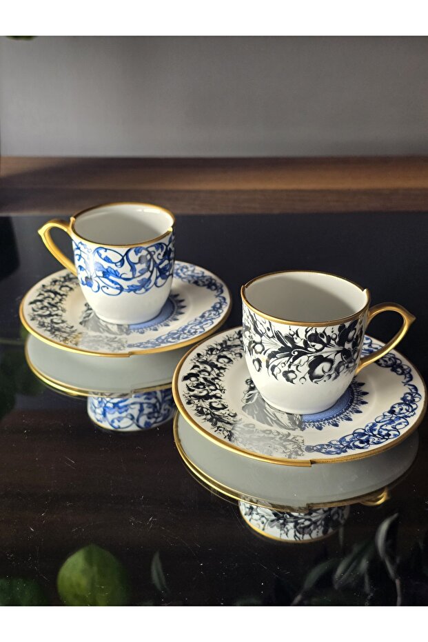 Handmade 4 Piece Porcelain Turkish Coffee Cup Set for 2 People Artemis Series