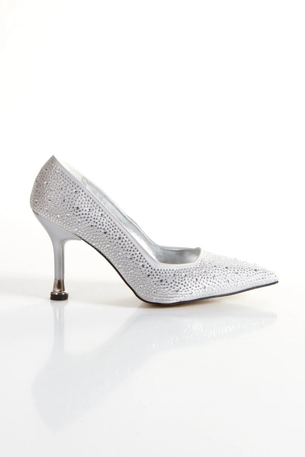 Women's Silver Satin Covered with Gemstones 8 cm Thin Galvanized Heels Closed Back Comfortable Stiletto