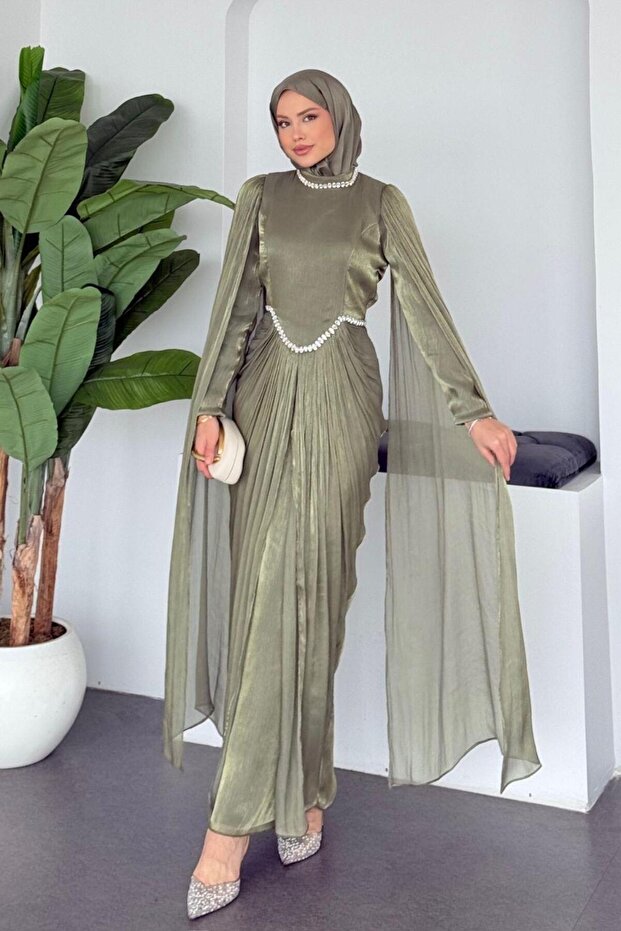 Green Cape Detail Shiny Evening Dress
