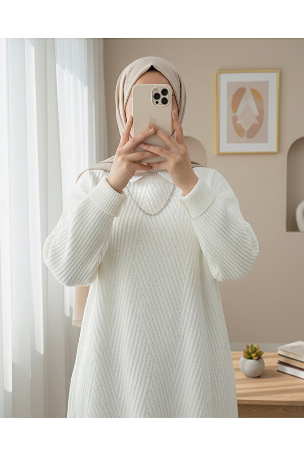 سترة تريكو بنمط بقلاوة وياقة دائرية - أبيض - 1