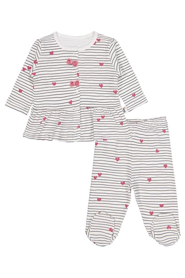 Striped Heart Embroidered 1-9 Months Pajama Set - Ecru 6-9 Months