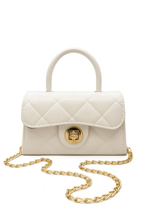 Shiny Quilted Mini Bag – Lining Detail – Women's Hand and Shoulder Bag with Chain Strap (19X12 cm)