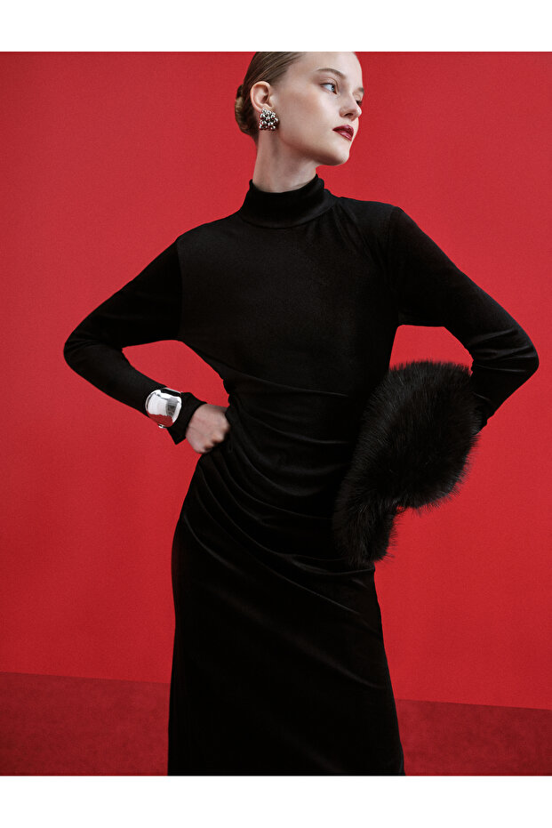 High Neck Long Sleeve Slit Midi Length Velvet Dress