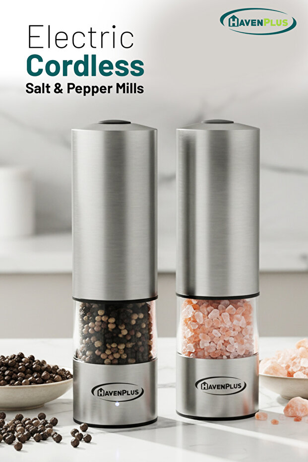 Electric Cordless Pepper Mill – Stainless Steel, One-Touch Grinding with LED Light