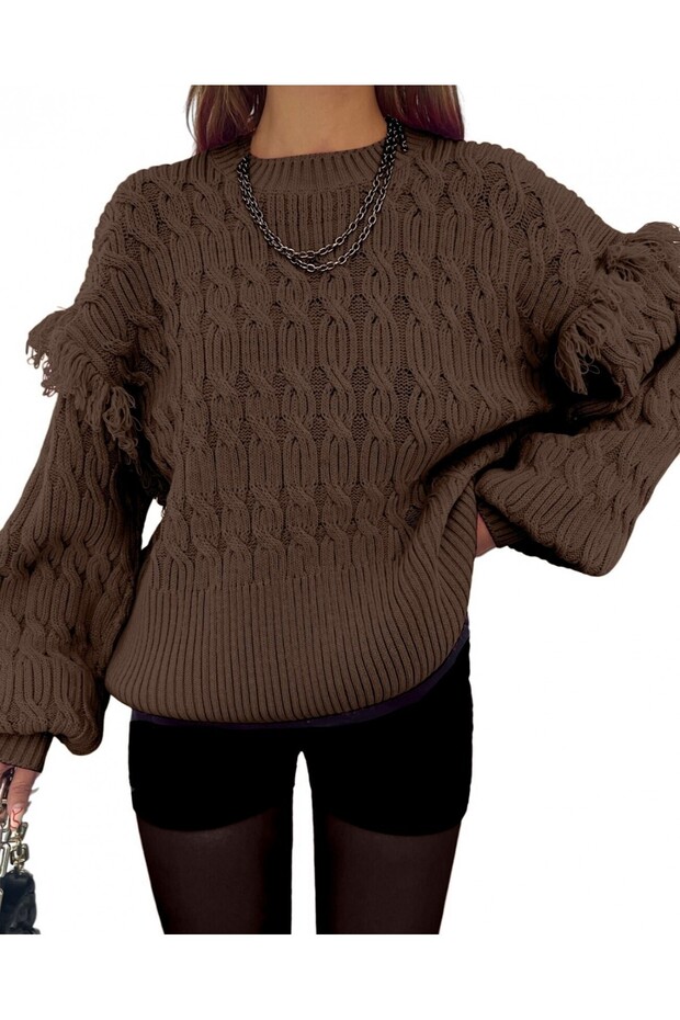 Strickpullover mit Ballonärmeln und Quasten – Braun - 4