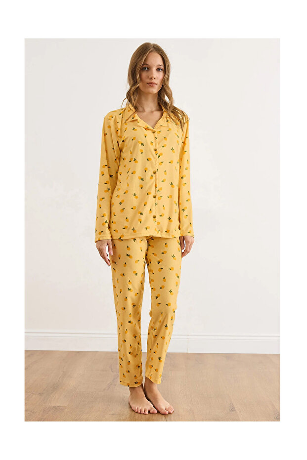 Women's Lemon Yellow Suede Textured Pajama Set Pjm-00000023