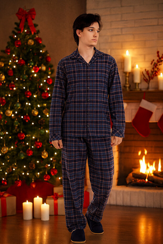 KARELİ EKOSE PAMUKLU CEKET YAKA ÖNDEN DOĞMELİ ERKEK PİJAMA TAKIMI - 4