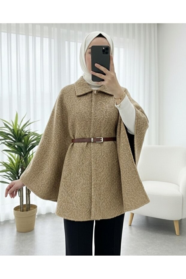 معطف بونشو بحزام خصر بزر واحد - لون المنك - 2