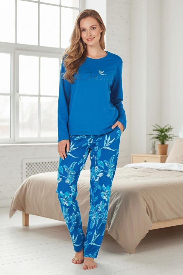 Women's Long Sleeve Pajama Set Blue 100% Cotton