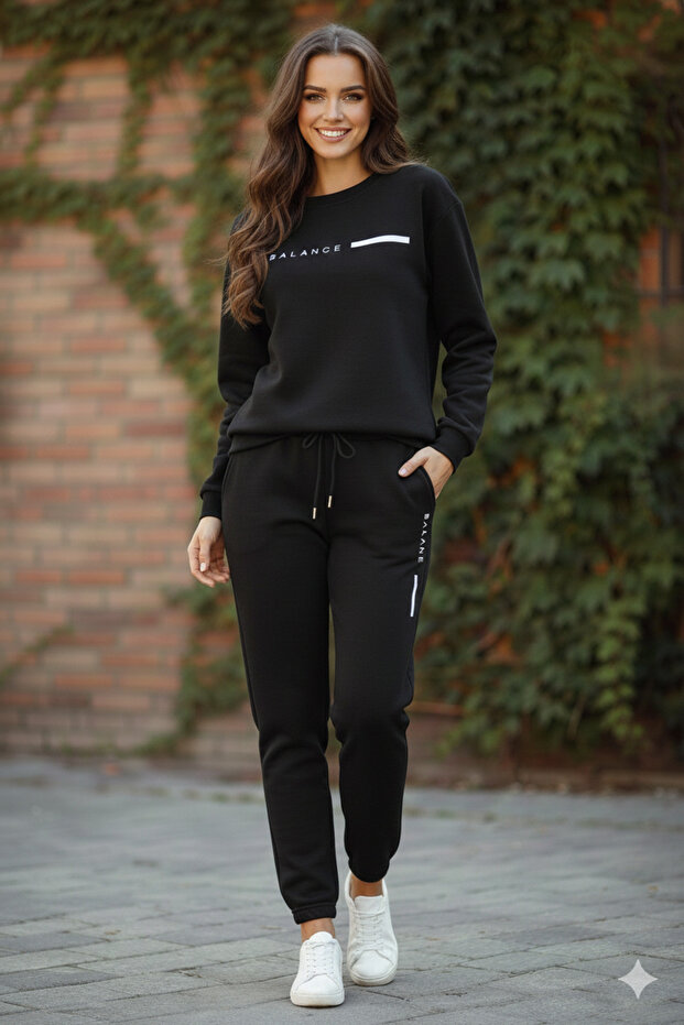 Unisex Premium Fabric Black Balance Printed Oversized Crew Neck Tracksuit Set Sportswear