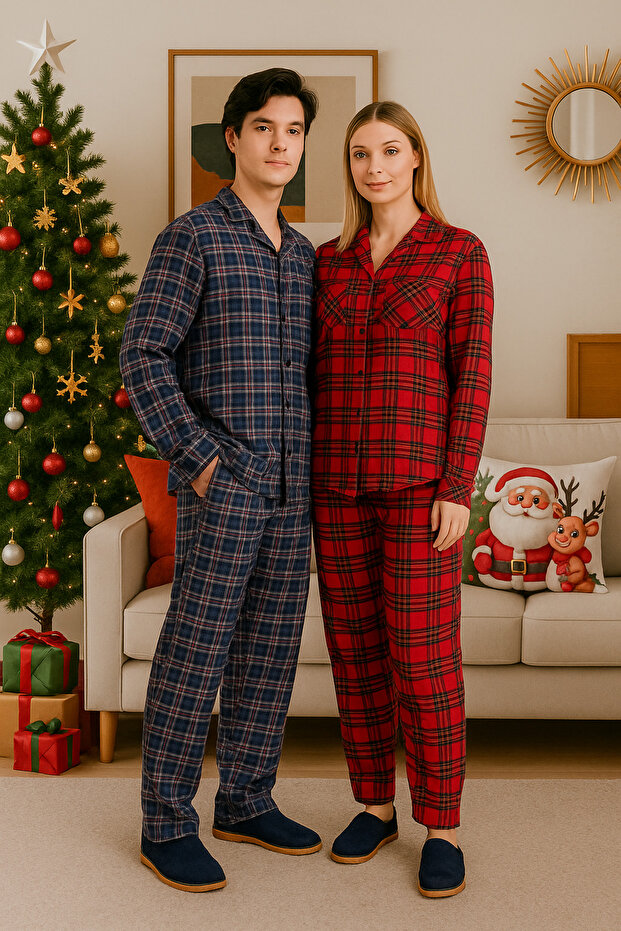 KARELİ EKOSE PAMUKLU CEKET YAKA ÖNDEN DOĞMELİ ERKEK PİJAMA TAKIMI - 5