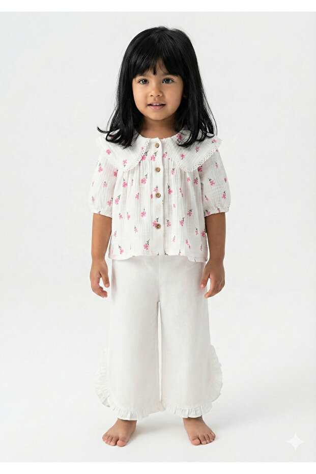 Floral Patterned Muslin Shirt & Ruffled Double Set - Baby Girl for Ages 1,2,3,4