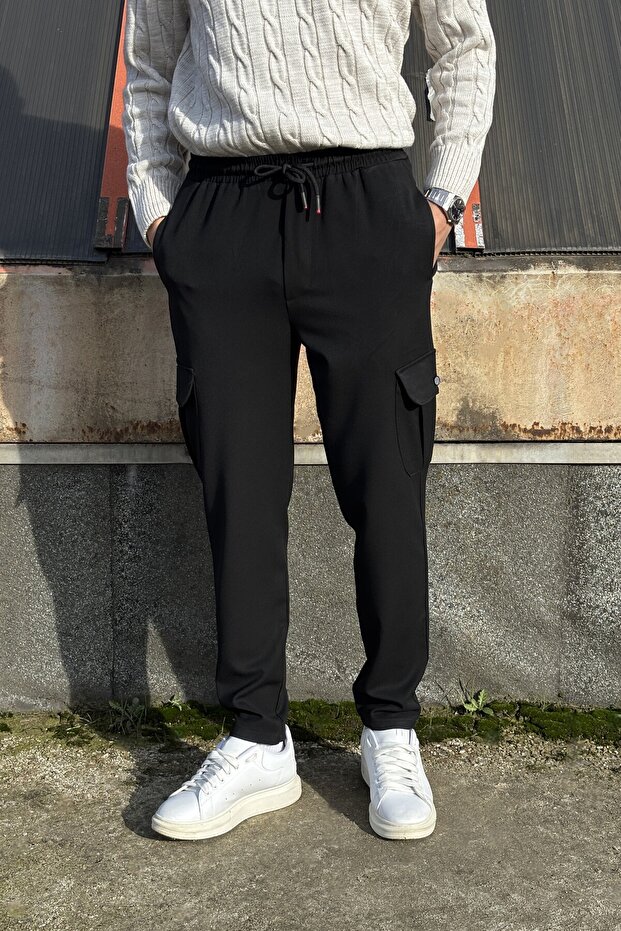 Men's Trousers with Waist Tie, Cargo Pockets, Regular Fit, Polyviscon Fabric 24Inp242