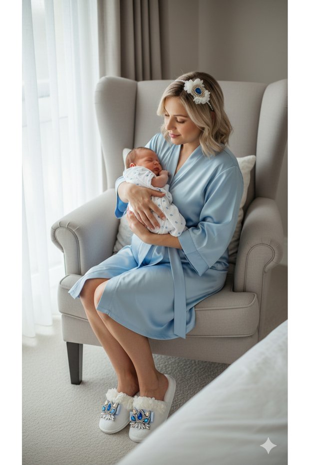 Lotus with Blue Ribbon Crystal Tasli Maternity Slippers and Pearl Crown Avant-Garde Team
