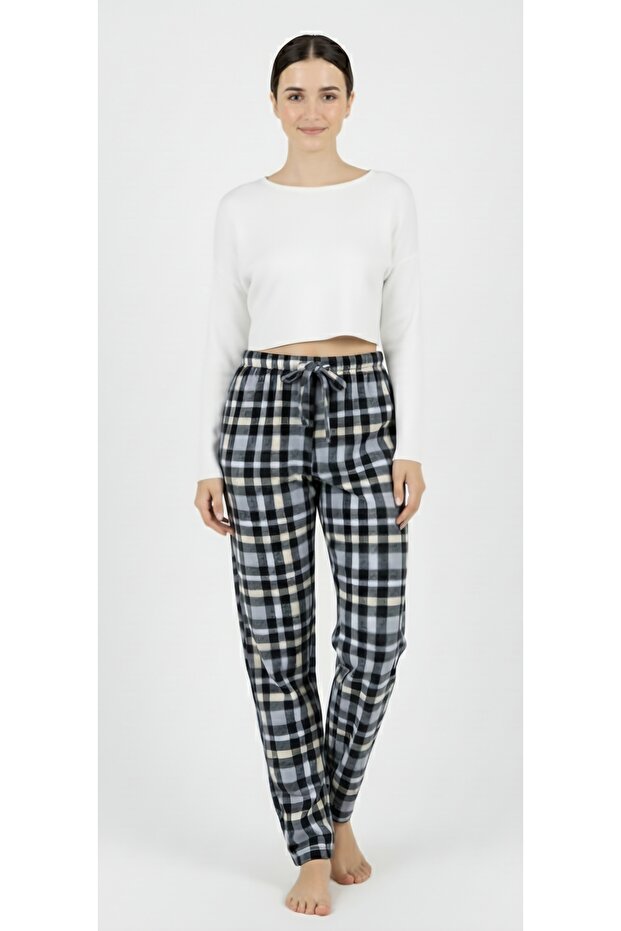 Winter Fleece Pocketless Plaid Pattern Elastic Waist Women's Pajama Bottoms