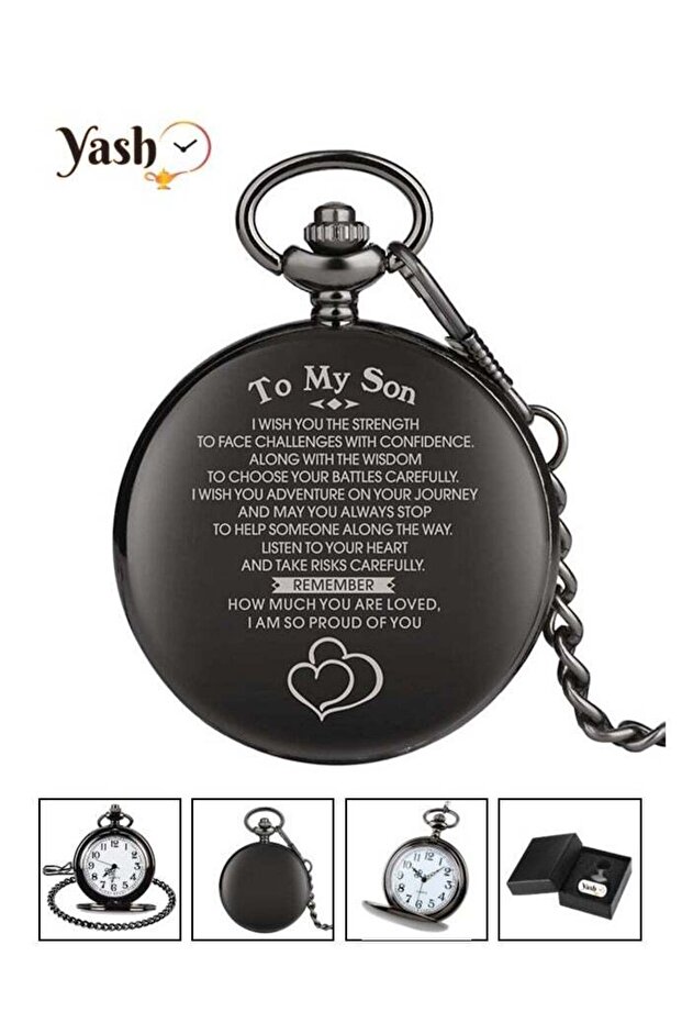 Vintage Pocket Watch for Son – Quartz Black with Chain & Classic Packaging