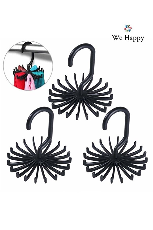 Tie Holder Belt Hanger with 20 Rotating Hooks - Black, Pack of 3