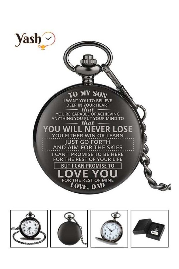 Vintage Pocket Watch for Son Quartz Black Timepiece with Chain and Classic Packaging – A Perf