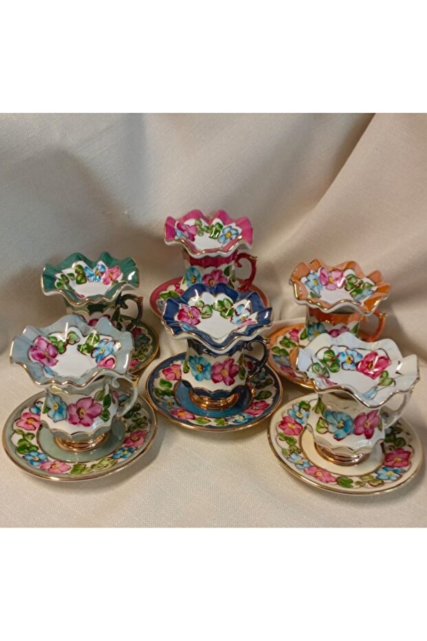 Blue Porcelain Hand Painted Coffee Cup Set and Turkish Delight Holder Set