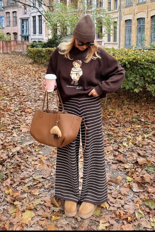 Brown Striped Knitwear Women's Trousers Mg2609