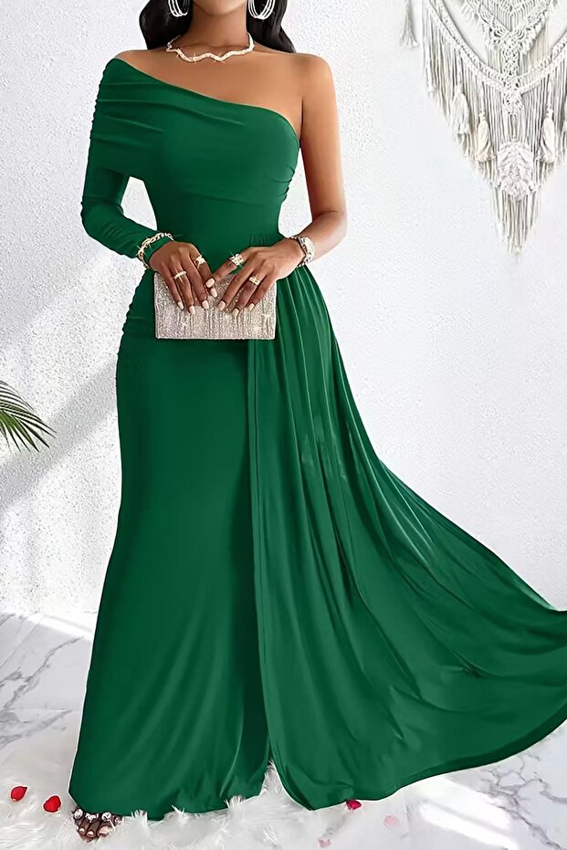 Emerald Green One Shoulder Long Sleeve Tailed Maxi Length Crepe Evening Dress